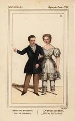 Enrique, conde de Chambord, duque de Burdeos 1820-1883 y Luisa María Teresa de Artois, hija del duque de Berry 1819-1870. Litografía coloreada a mano por Madame Calon de Le Bibliophile Jacob alias Paul Lacroix