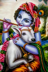 Dios hindú Krishna con un ternero. Watford, Reino Unido.