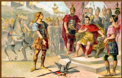 Historia. Antigua Roma. Vercingétorix (jefe de una tribu gala: los Avernos) se rinde a Julio César en Alesia, 52 a.C. Imaginería, Francia, c.1900.