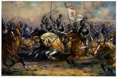 Historia. Francia. Guerra de los Cien Años. El rey Juan de Bohemia (Juan el Ciego) en la batalla de Crecy, 26 de agosto.