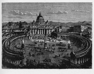 Historia de la Antigua Roma. La Plaza de San Pedro es una plaza enorme situada directamente frente a la Basílica de San Pedro en la Ciudad del Vaticano, el enclave papal rodeado por Roma, directamente al oeste del barrio o rione de Borgo.
