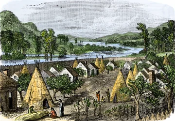 Historia de los pueblos indígenas: Pueblo Mohawk, Nueva York, hacia 1780. Colorido grabado del siglo XIX.