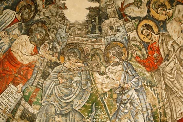 Monasterio copto de la Santa Virgen y San Juan Kame: fresco del siglo IX: La Anunciación. María está rodeada por los profetas Moisés, Isaías, Ezequiel y Daniel. Egipto