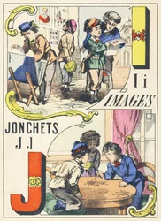 I J: imágenes, jonchets - Alfabeto de Juegos, c.1890 (ilustración)