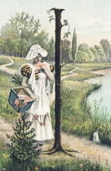 I: Una mujer de pie con vestido, delantal y tocado sostiene una cesta en su brazo derecho. Decorado campestre - Alphabet personajes Ref Th. E., L. Theochrom - Serie 994. Theodor Eisman, editor, Leipzig
