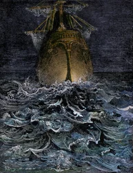 Observé el mar en descomposición, el casco de un barco en el mar de noche - Ilustración de Gustave Dore (1832-1883) para "La Lournte du vieux sailor" de Samuel Taylor Coleridge (1772-1834) - Grabado coloreado