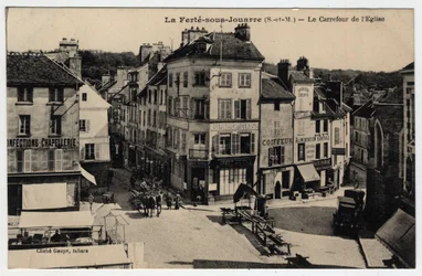 Île de France, Seine et Marne (77), Ferte-sous-Jouarre: el cruce de la Iglesia - Postal finales del siglo XIX-principios del siglo XX