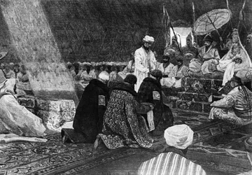 En los días de la Horda de Oro, representación de rusos pagando tributo a los gobernantes tártaros en el siglo XIV, de una pintura de A. F. Maximov