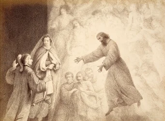 En la Esfera de Marte, Dante se encuentra con el espíritu de su antepasado Cacciaguida. Ilustración del Canto XV del Paradiso de La Divina Comedia de Dante Alighieri. Obra de Franceso Scaramuzza dedicada al Ayuntamiento de Florencia.