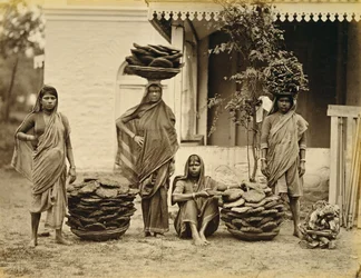 Mujeres campesinas indias con cestas de tortas de estiércol (usadas como combustible) y leña (usada para cocinar)
