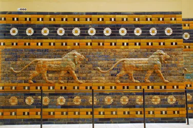 Puerta de Ishtar, perteneciente originalmente al templo de Bel, construida en Babilonia (Irak) por el rey Nabucodonosor II - Vía procesional de la Puerta de Ishtar, Museo de Pérgamo, Isla de los Museos, Berlín, Alemania
