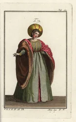 Noble italiana vestida de corte con abrigo forrado de piel con mangas voluminosas