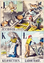 J K L: Gallinero, Kilómetros, Labranza - "Alfabeto de la granja" finales del siglo XIX (grabado)