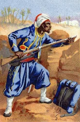 J: Turco. Grabado en "Alfabeto Militar". Iniciales del ilustrador: A. D. Editor desconocido. Cromolitografías finales del siglo XIX. Dim: 10,5x7cm