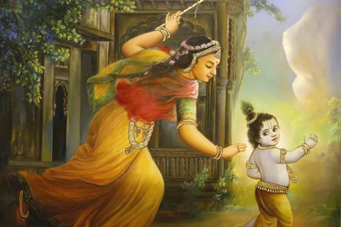 Templo hindú Jalaram Prathna, Leicester. Fresco. Yashoda y Krishna. Reino Unido