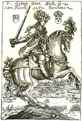 Juana de Arco frente a Orleans, a caballo, espada en alto