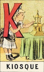 K: Quiosco - Grabado extraído de ABCD de las niñas. Pellerin & Cie, impresor-editor, Épinal, hacia 1890. Serie A.