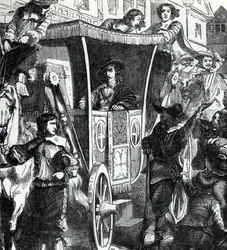 El rey Carlos I matizado por la multitud tras el intento fallido de arrestar a los cinco miembros del parlamento John Pym, John Hampden, Denzil Holles, William Strode y Arthur Haselrig el 4 de enero de 1642. Siglo XIX (grabado de "Historia del mundo")