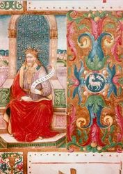 El rey Salomón en el trono Letrina iluminada del manuscrito Ms. K C 43, Florencia, Museo del 