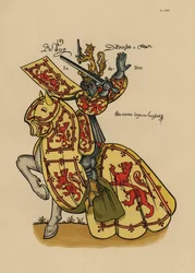 Rey de Escocia, roi des Ecossais, con estandarte y cresta de león rampante