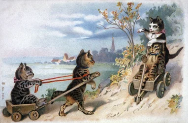 Gatitos en trineo, principios del siglo XX (postal)