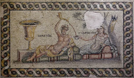 Kratos (Cratos) y Eufrosina (Eutimia) - Mosaico, Akratos y Eufrosina, Museo del Mosaico de Zeugma, Gaziantep, Región de Anatolia del Sureste, Anatolia, Turquía, Asia