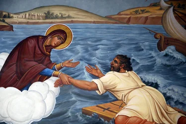 Monasterio de Kykkos, Chipre. Fresco. La Virgen María rescatando a un marinero náufrago, 20150510, Pedoulas, Chipre