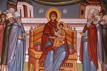 Monasterio de Kykkos, Chipre. Fresco de la Virgen y el niño rodeados de oradores, Pedoulas, Chipre