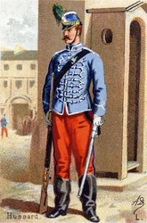 L: Húsar. Grabado en "Alfabeto Militar". Iniciales del ilustrador: A. D. Editor desconocido. Cromolitografías finales del siglo XIX. Dim: 10,5x7cm.