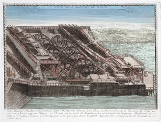La máquina de Marly de Rennequin que servía para bombear y conducir las aguas del Sena a Versalles a través del acueducto de Marly, para abastecer de agua los parques de los castillos de Marly y Versalles