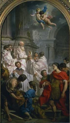 "La misa del rito griego de San Basilio de Cesarea o Basilio el Grande (330-379), y desmayo del emperador bizantino Valente, protector de la herejía arriana" San Basilio de Cesarea defendiendo a los nicenos frente a los arrianos