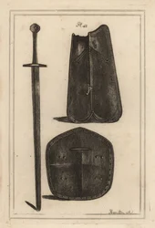 Gran peto o coraza, escudo perforado en el centro y espada de dos manos que pertenecieron a Guy, Conde de Warwick