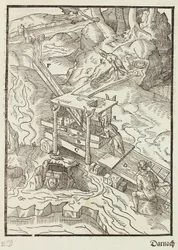 Lavado del mineral de oro - Grabado extraído de Descripción de los minerales y los principales métodos de explotación minera, de Lazarus Ecker