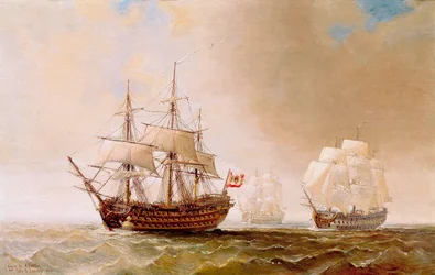 El navío español San Hermenegildo en la batalla de Trafalgar el 21/10/1805: la flota franco-española al mando del almirante Villeneuve se enfrentó a la flota británica comandada por el vicealmirante Nelson. Pintura anónima del siglo XIX