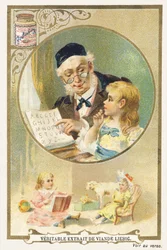 Lectura con el abuelo. Cromolitografía publicitaria que representa, dentro de un marco circular, a una persona mayor con una niña a su lado. En la parte inferior de la imagen, una niña sentada rodeada de juguetes. Editada por la Compagnie Liebig, París