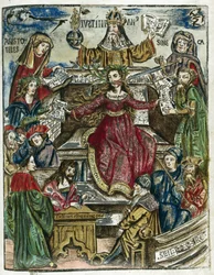 Las ramas del conocimiento, siglo XVI: cada una representada por diferentes personalidades: arriba, Aristóteles (384-322 a.C.) para la filosofía y Séneca (Lucius Annaeus Seneca, 4 a.C.-65) para la moral