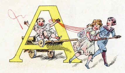Letra A: Diversión con el enganche. Alfabeto de Phosphatine Falieres. Grabado. Alfabeto Brevete S.G.D.G. por el farmacéutico Pierre Emile Falieres. Ilustraciones en cromolitografía, finales del siglo XIX. 16 páginas