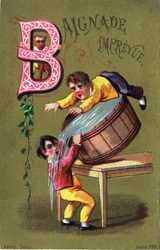 Letra B: Baño imprevisto. Grabado en "Alphabet des grotesques". Serie de 25 cromolitografías publicitarias sobre un fondo dorado, finales del siglo XIX.