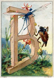 Letra B como Bilboquet. Alfabeto artístico del Sr. Marinier. Editado por Henry Sicard, finales del siglo XIX. Cromolitografías publicitarias para productos vendidos en farmacias. Dim: 12,5 x 9 cm