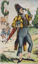 Letra C: Cadet Roussel. Álbum drolático. Serie número 4 en Álbumes-cromo sobre lienzo. Cromolitografías sobre tejido. Imágenes de Marcel Vagne, Jarville-Nancy, principios del siglo XX