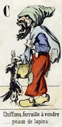 Letra C "Trapos, chatarra a la venta... pieles de conejo". Alfabeto "Diversión infantil". Imágenes de Epinal, circa 1890
