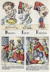 Letras D, E y F: bailarina, tendero e infantería. Alfabeto del Cuento Oriental. Imágenes de Epinal, circa 1890
