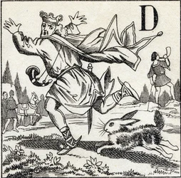 Letra D: Rey Dagoberto perseguido por una liebre. Grabado en "ABC Les Images en Alphabet". Imágenes de Epinal. Pellerin y Cie, impresor-editor, Epinal, finales del siglo XIX, circa 1890.