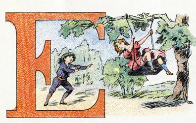 Letra E: Columpio. Alfabeto de Phosphatine Falieres. Grabado. Alfabeto Brevete S.G.D.G. por el farmacéutico Pierre Emile Falieres. Ilustraciones en cromolitografía, finales del siglo XIX. 16 páginas. Dim: 103x154mm