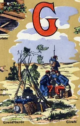 Letra G como la gran guardia del ejército. Alfabeto ilustrado. Imágenes reunidas en Jarville-Nancy, principios del siglo XX. Litografía sobre fondo bistre