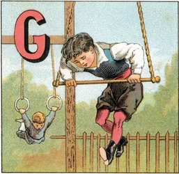 Letra G para gimnasia. Grabado en "Alfabeto de los pequeños escolares". Imágenes de Epinal, circa 1885. Colección Privada