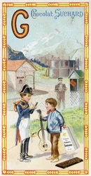Letra G: glaciar, gendarme, gasómetro, niño, estación, guerrero, veleta, guitarra. Grabado del Alfabeto editado por Chocolat Suchard, principios del siglo XX. 24 cromolitografías que representan lugares, personajes y objetos para descubrir en la imagen