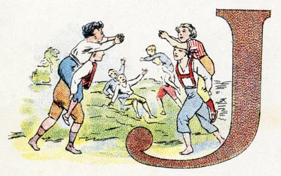 Letra J: Juego. Alfabeto de Phosphatine Falieres. Grabado. Alfabeto Brevete S.G.D.G. por el farmacéutico Pierre Emile Falieres. Ilustraciones en cromolitografía, finales del siglo XIX. 16 páginas