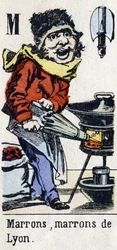 Letra M: "Marrón, Marrón de Lyon". Alfabeto "Diversión infantil". Imágenes de Epinal, circa 1890. Serie popular. Pequeño folleto de 8 páginas. Grabados en madera con esténcil sobre el tema de los pequeños oficios callejeros y los gritos de París