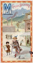 Letra M: montaña, espejo, máquina, manufactura, abrigo, mendigo, molino. Grabado del Alfabeto editado por Chocolat Suchard, principios del siglo XX. 24 cromolitografías que representan lugares, personajes y objetos para descubrir en la imagen